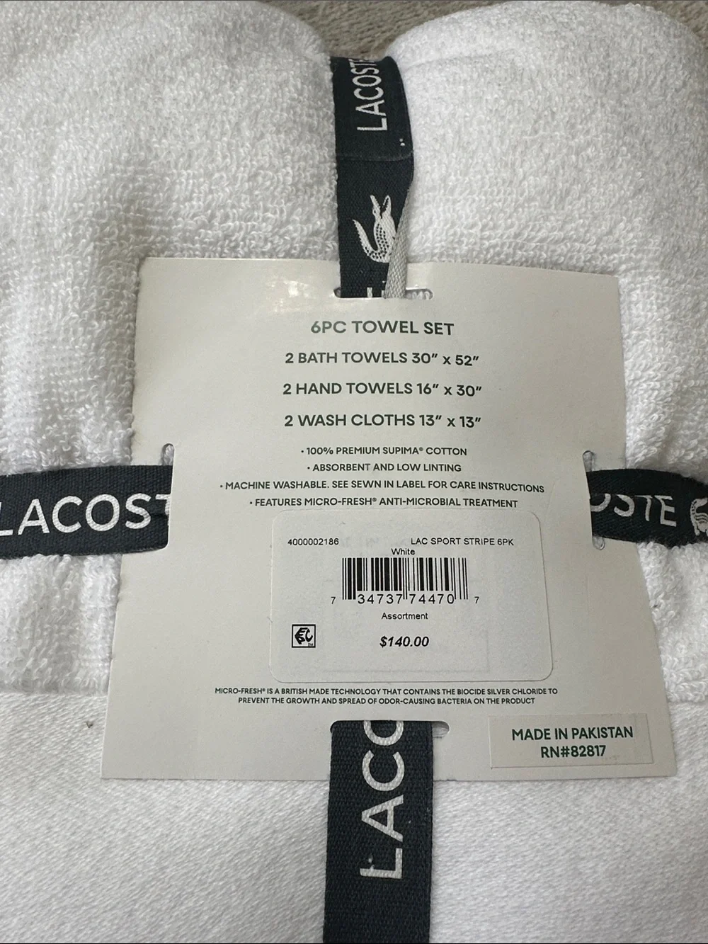 Lacoste Home Heritage Sport Stripe Logo White Cotton 6-Pc. Bath Towel Set NWT’s.